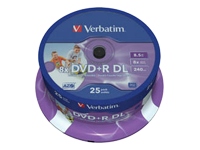 Verbatim
43667
DVD+R/8.5GB 8x Wid Print Surface Spdl 25